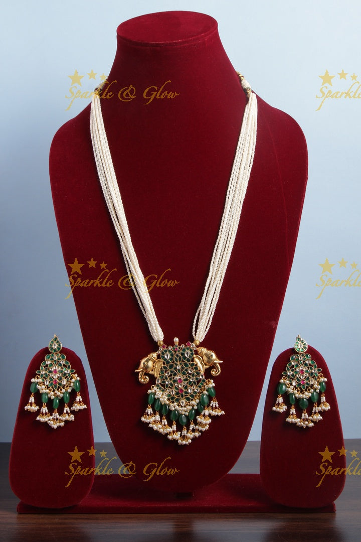Beautiful Peacock Elephant Floral Pendent Pearl Necklace with Green beads