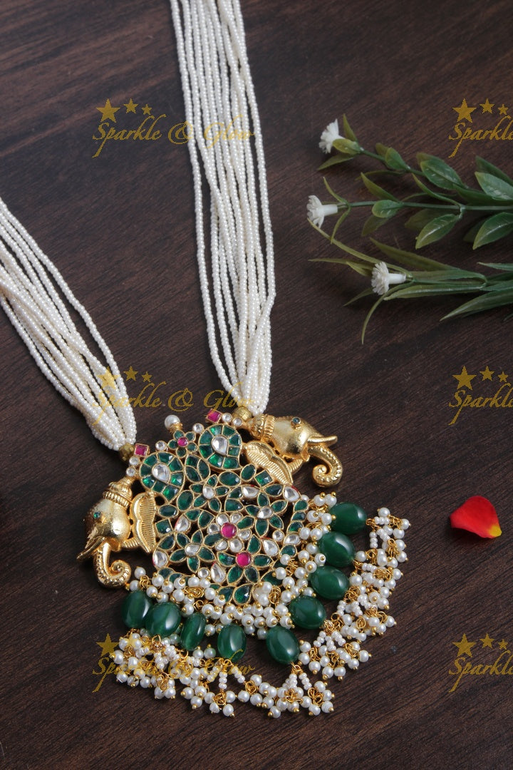 Beautiful Peacock Elephant Floral Pendent Pearl Necklace with Green beads