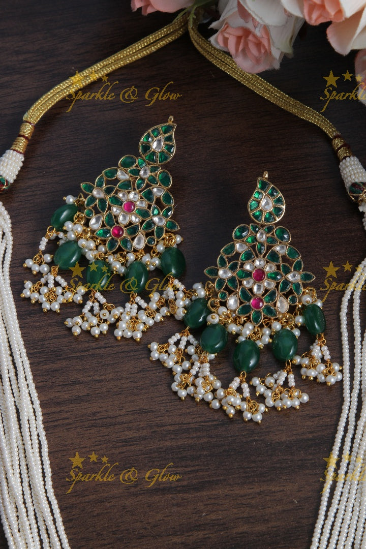 Beautiful Peacock Elephant Floral Pendent Pearl Necklace with Green beads