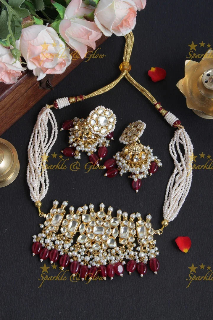 Gold Alike Pearl Choker with Green beads - Sparkle and Glow
