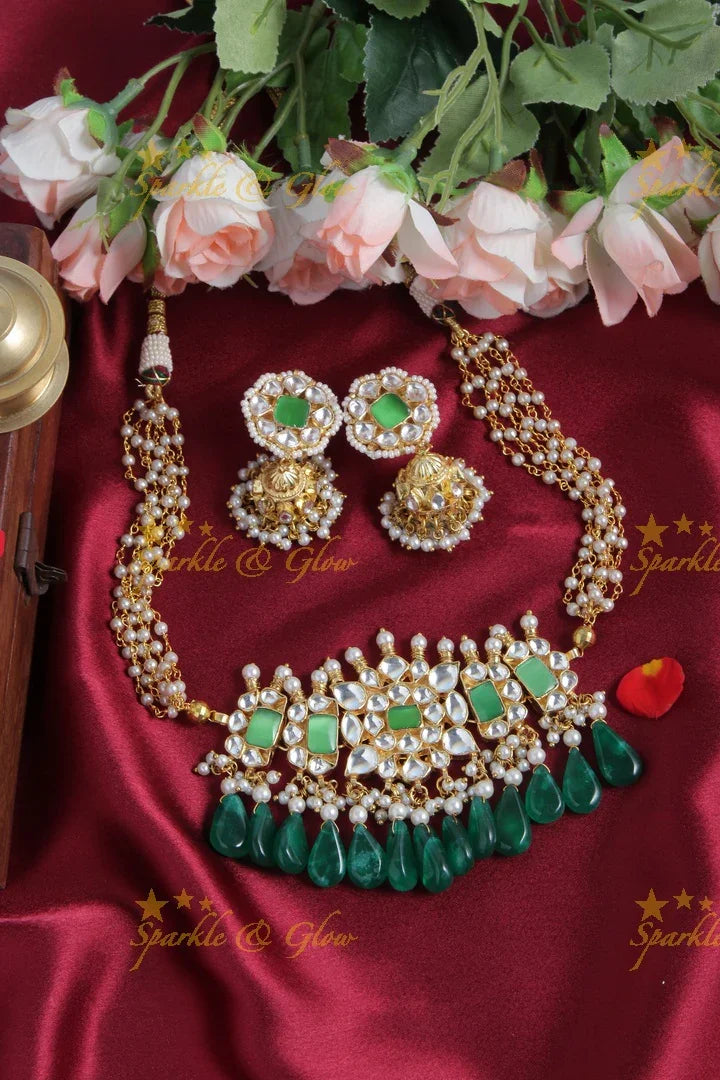Gold Alike Pearl Choker with Green beads - Sparkle and Glow