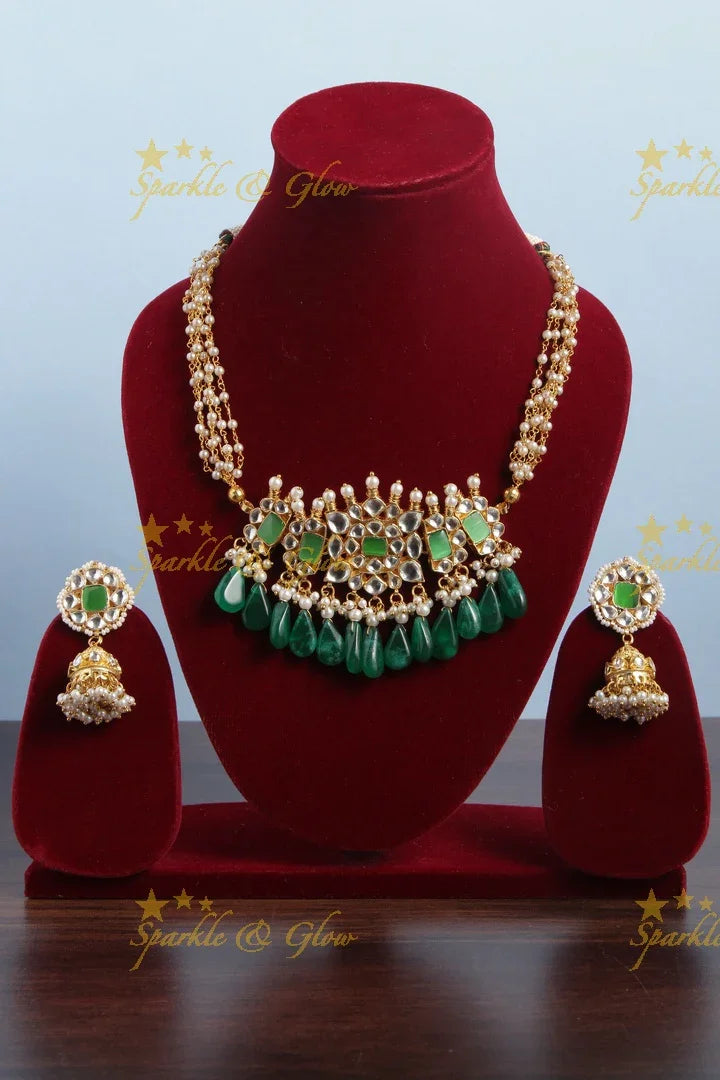 Gold Alike Pearl Choker with Green beads - Sparkle and Glow