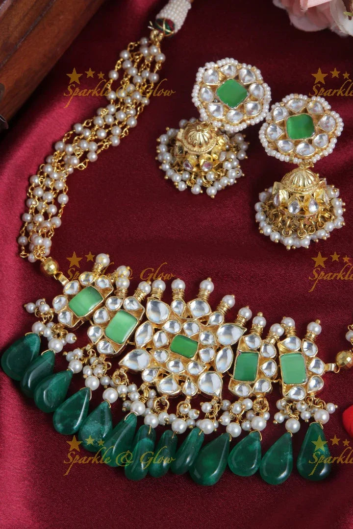 Gold Alike Pearl Choker with Green beads - Sparkle and Glow