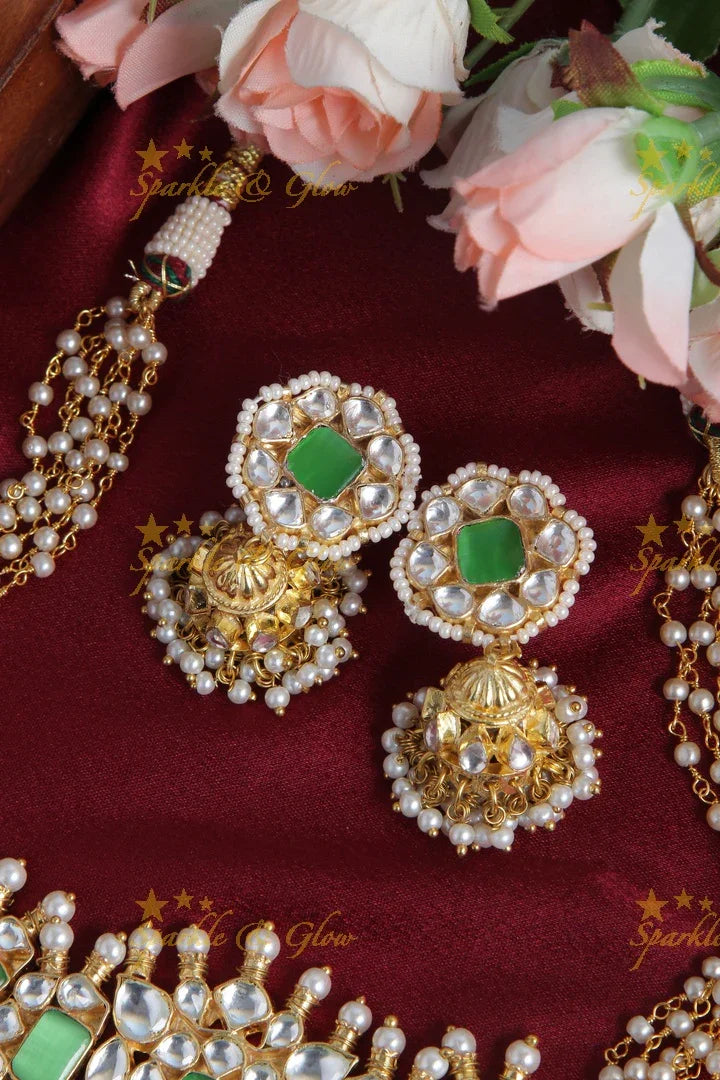 Gold Alike Pearl Choker with Green beads - Sparkle and Glow