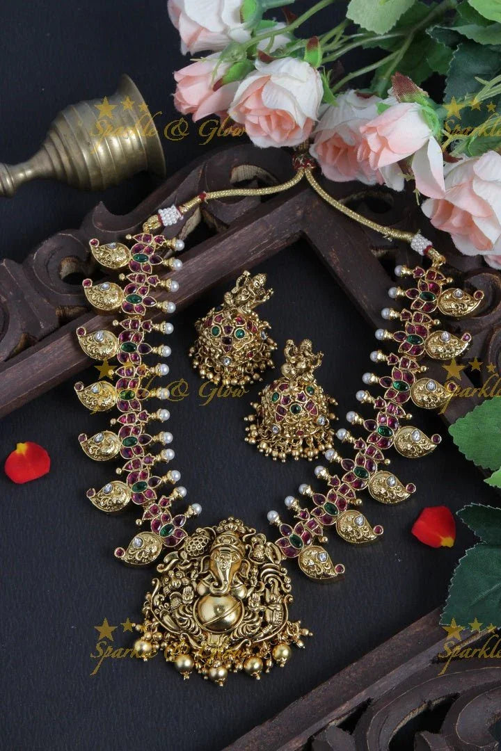 Gold alike Ganesha carved mango necklace - Sparkle and Glow