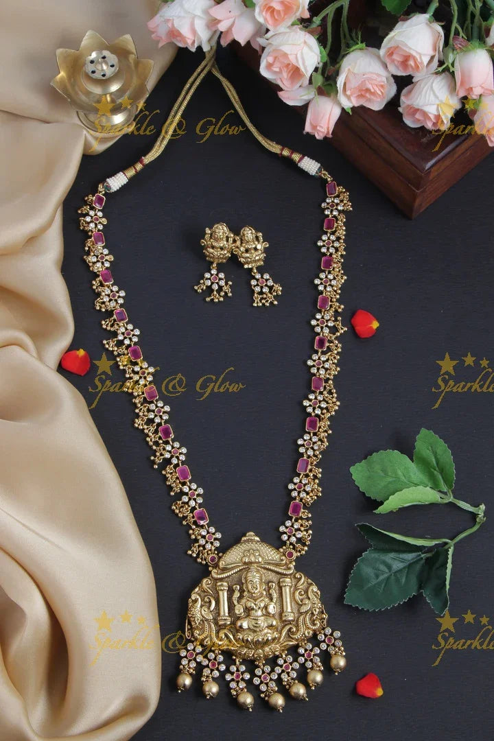 Intricately Craved Lakshmi Pendent Floral Necklace - Pink - Sparkle and Glow