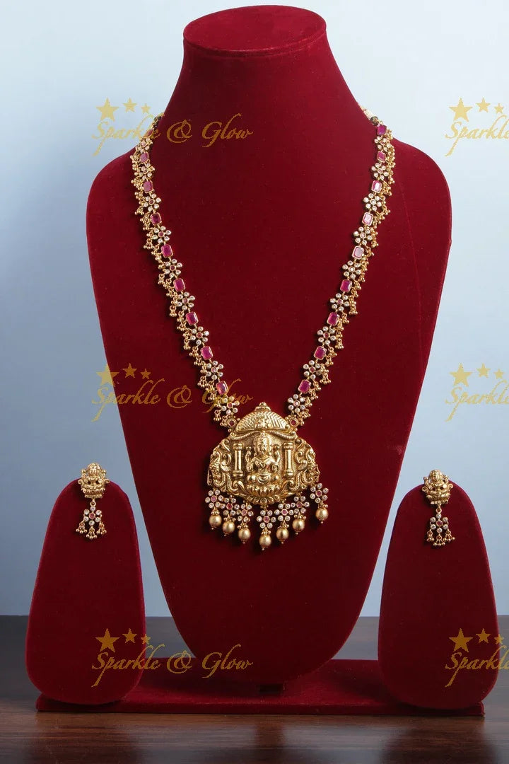 Intricately Craved Lakshmi Pendent Floral Necklace - Pink - Sparkle and Glow