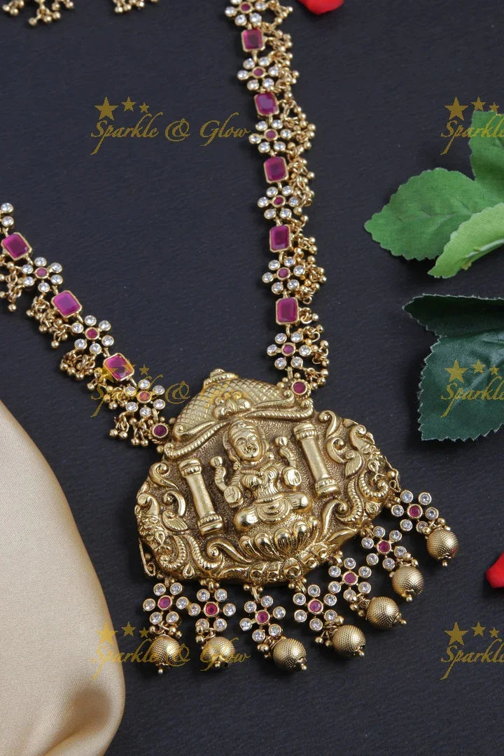 Intricately Craved Lakshmi Pendent Floral Necklace - Pink - Sparkle and Glow