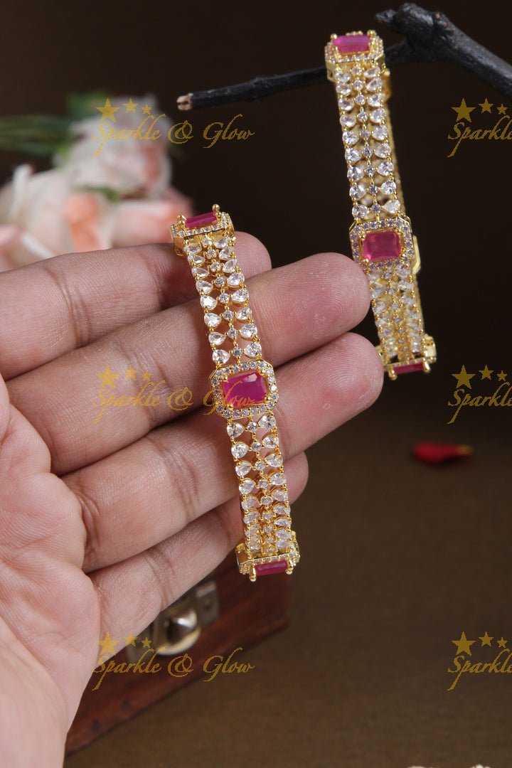 Gold polished ad bangles a pair - Pink - 2.4 - Sparkle and Glow - Pink - 