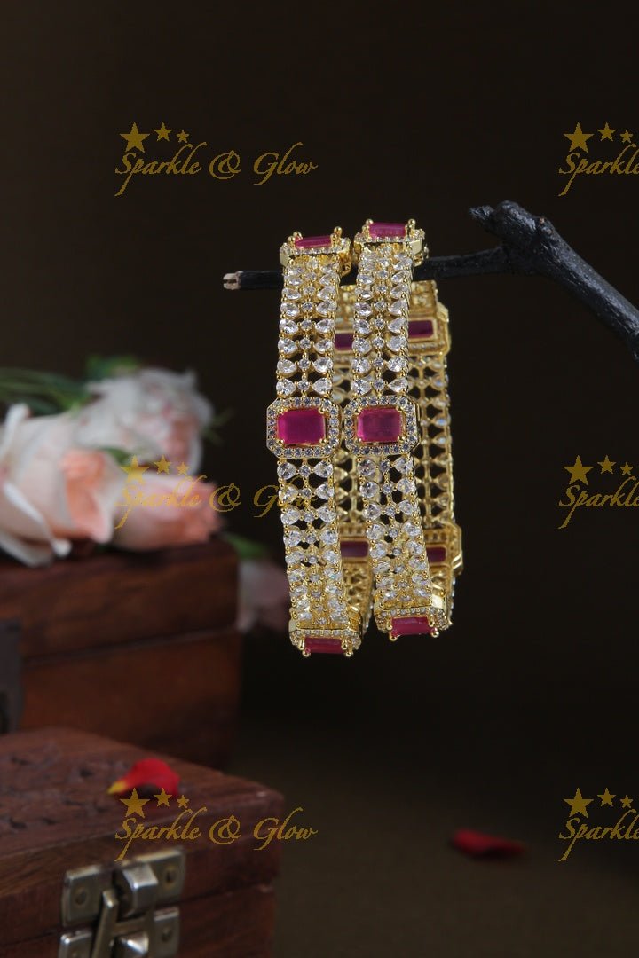 Gold polished ad bangles a pair - Pink - 2.4 - Sparkle and Glow - Pink - 