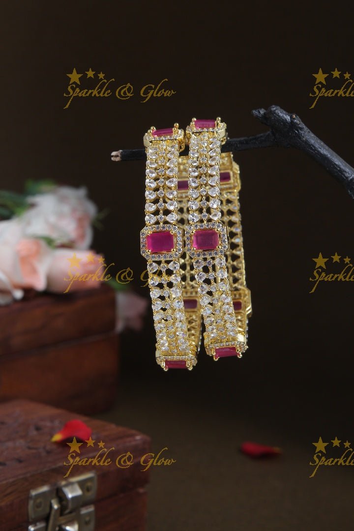 Gold polished ad bangles a pair - Pink - 2.4 - Sparkle and Glow - Pink - 