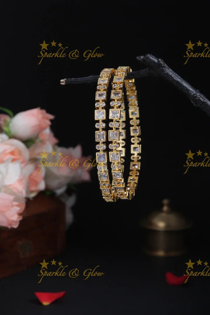 Gold polished square stones bangles a pair - Sparkle and Glow