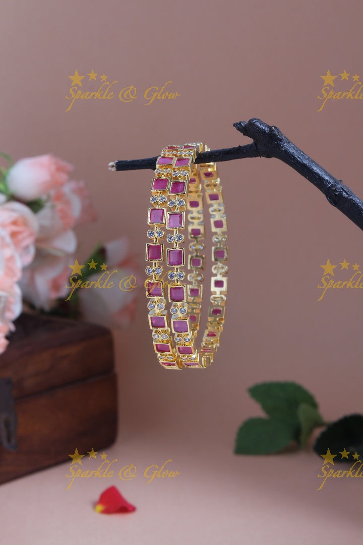 Gold polished square stones bangles a pair