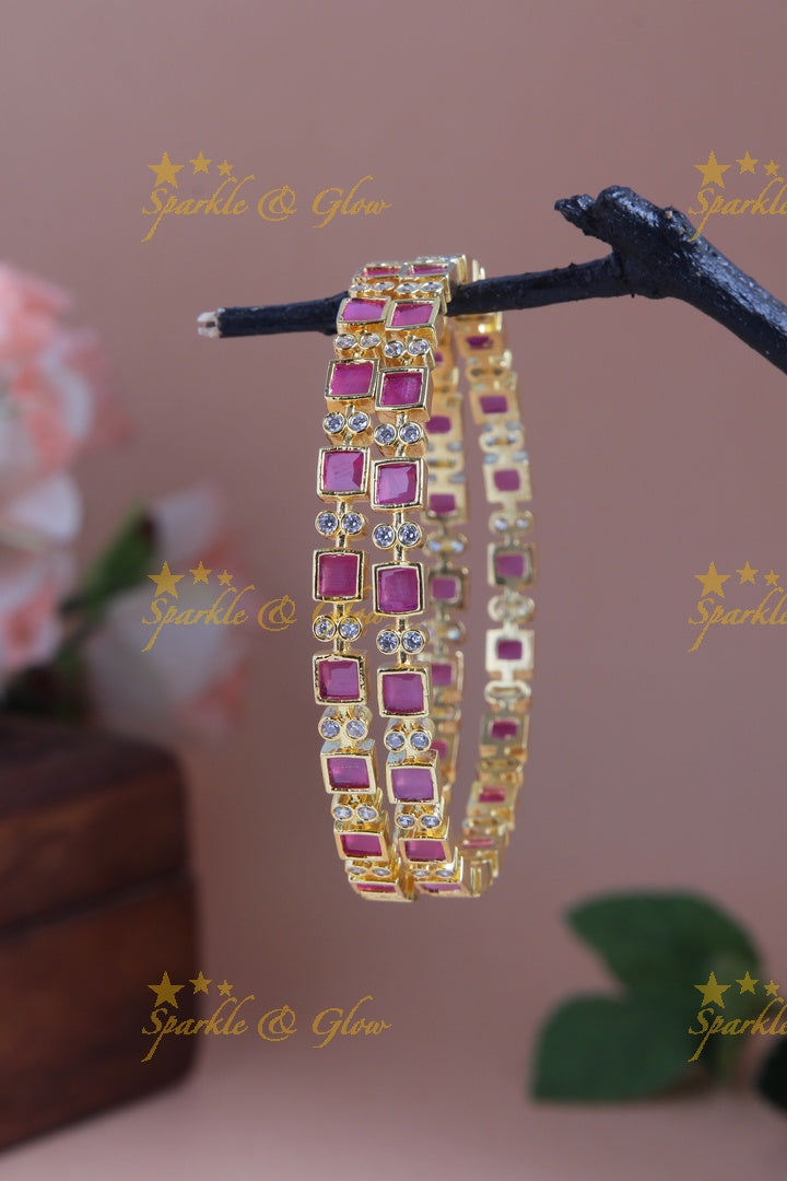 Gold polished square stones bangles a pair