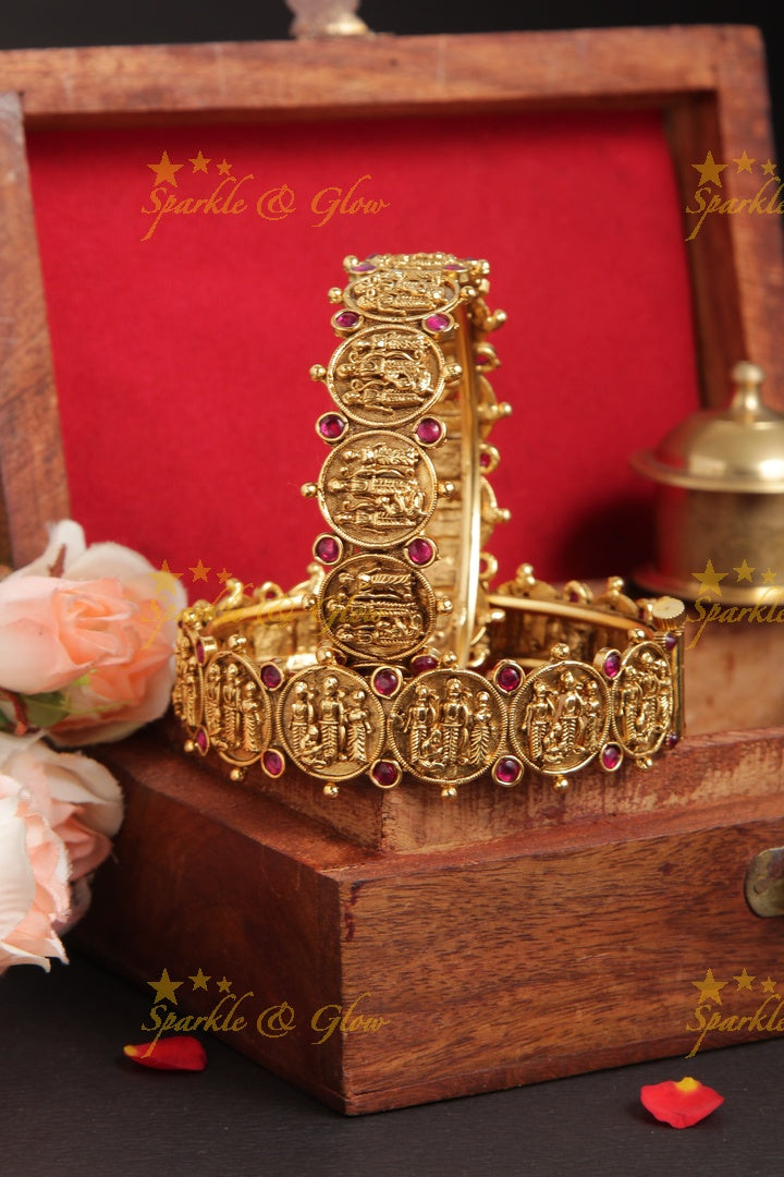 Gold alike elegant temple rama parivar carved bangle