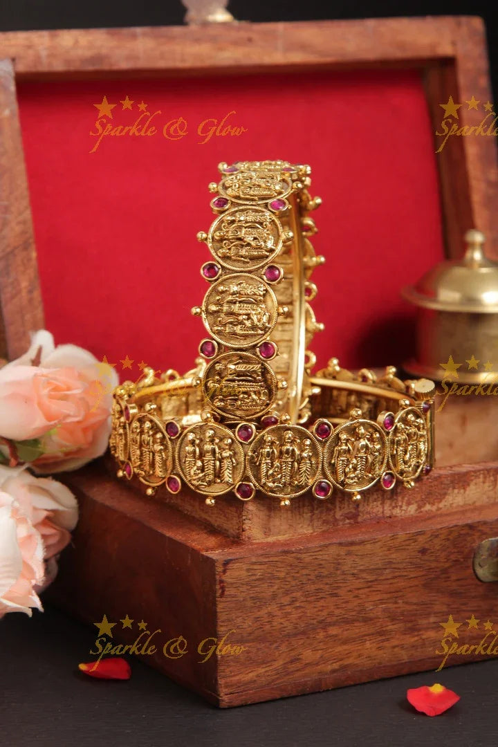 Gold alike elegant temple rama parivar carved bangle - Sparkle and Glow