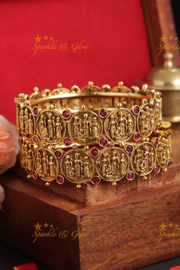 Gold alike elegant temple rama parivar carved bangle - Sparkle and Glow