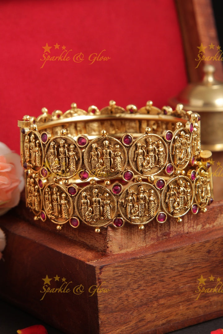 Gold alike elegant temple rama parivar carved bangle