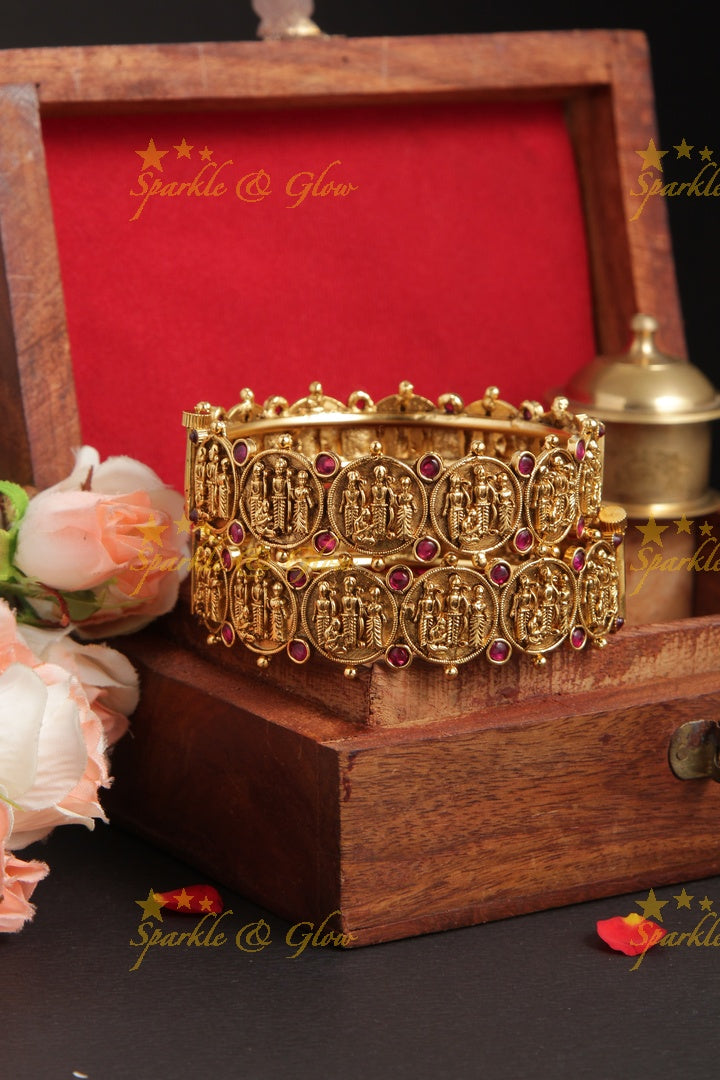 Gold alike elegant temple rama parivar carved bangle