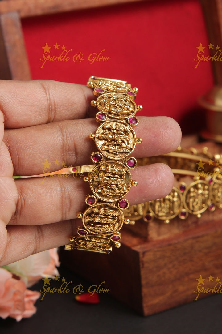 Gold alike elegant temple rama parivar carved bangle