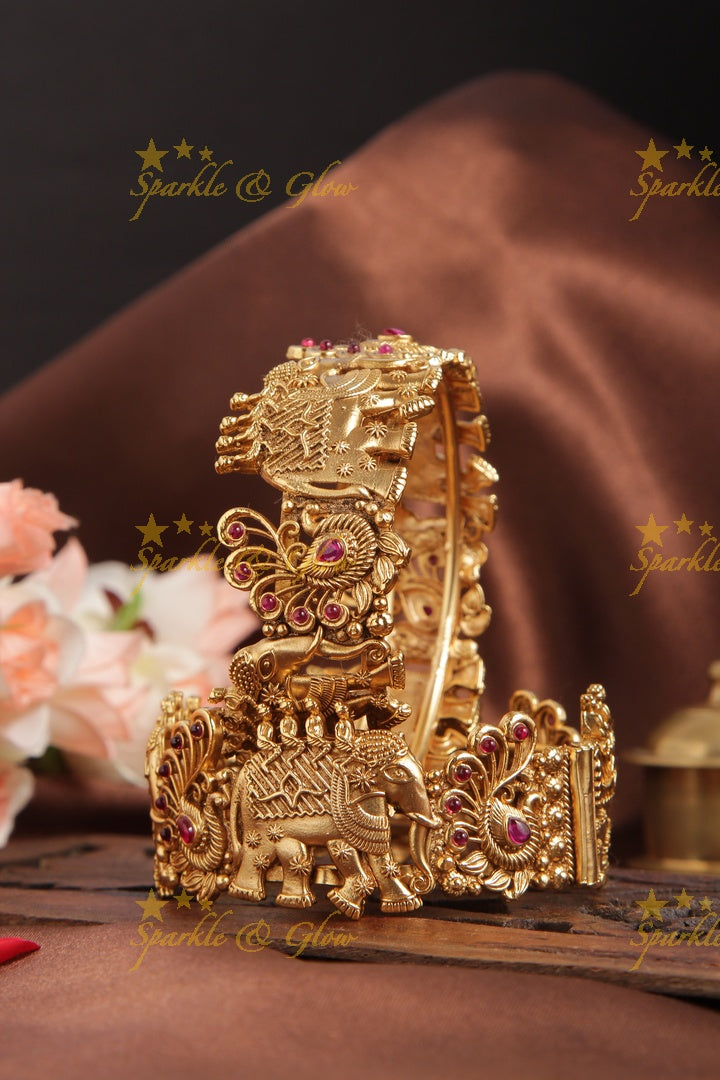 Gold alike exquisite peacock elephant carved bridal bangle