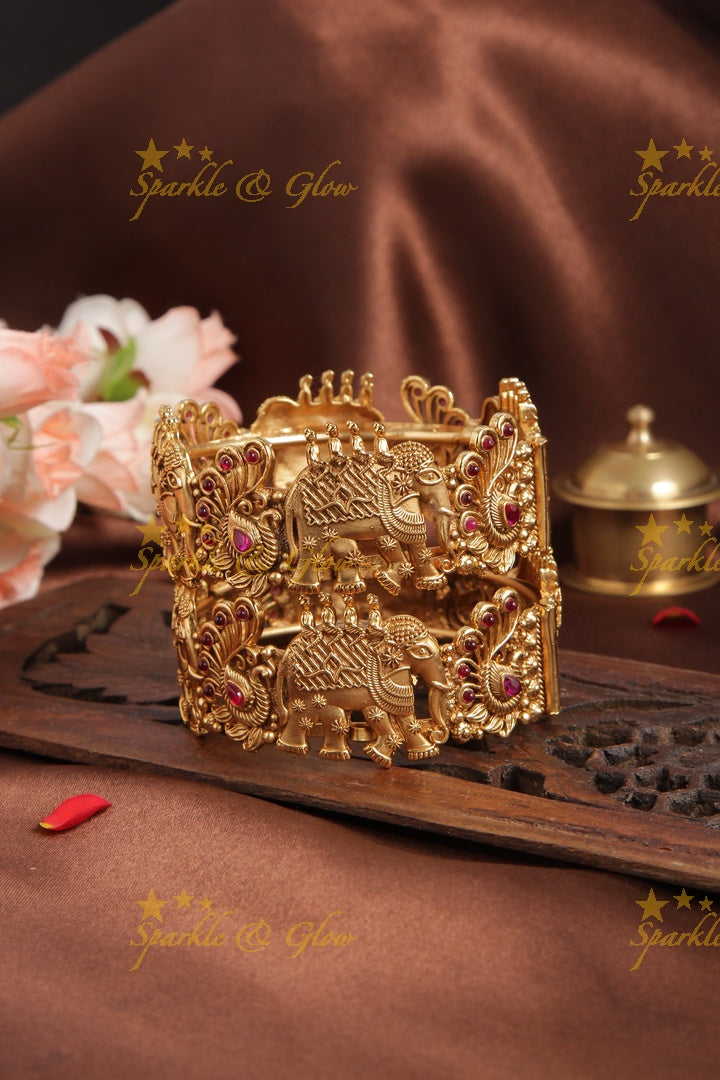 Gold alike exquisite peacock elephant carved bridal bangle