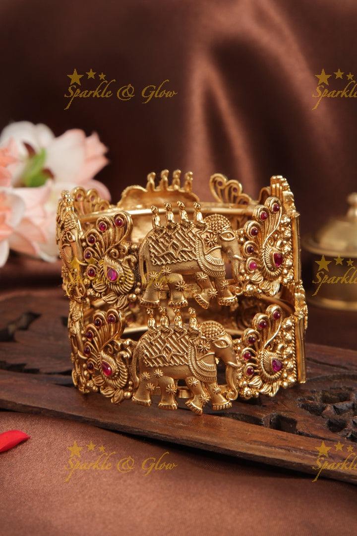 Gold alike exquisite peacock elephant carved bridal bangle