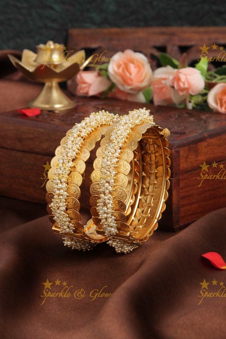 Gold alike exquisite pearl cluster coin bridal bangle