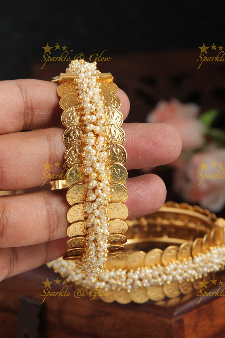 Gold alike exquisite pearl cluster coin bridal bangle