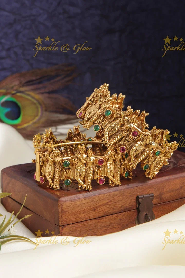 Gold alike elegant temple Radha Krishna carved bangle - Sparkle and Glow