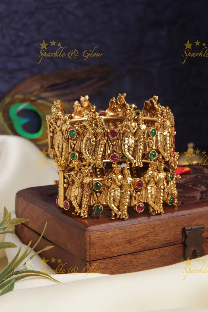 Gold alike elegant temple Radha Krishna carved bangle - Sparkle and Glow