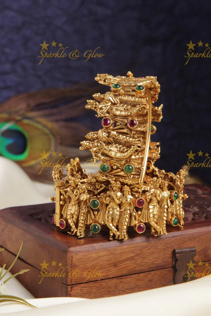 Gold alike elegant temple Radha Krishna carved bangle - Sparkle and Glow