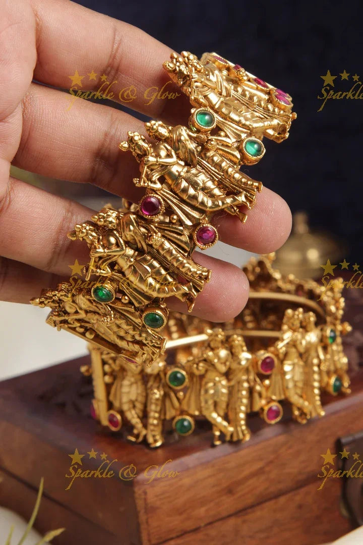Gold alike elegant temple Radha Krishna carved bangle - Sparkle and Glow