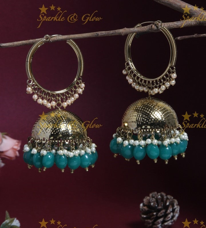 Beautiful Gold alike desi look hoop jhumukas with Pine Green beads