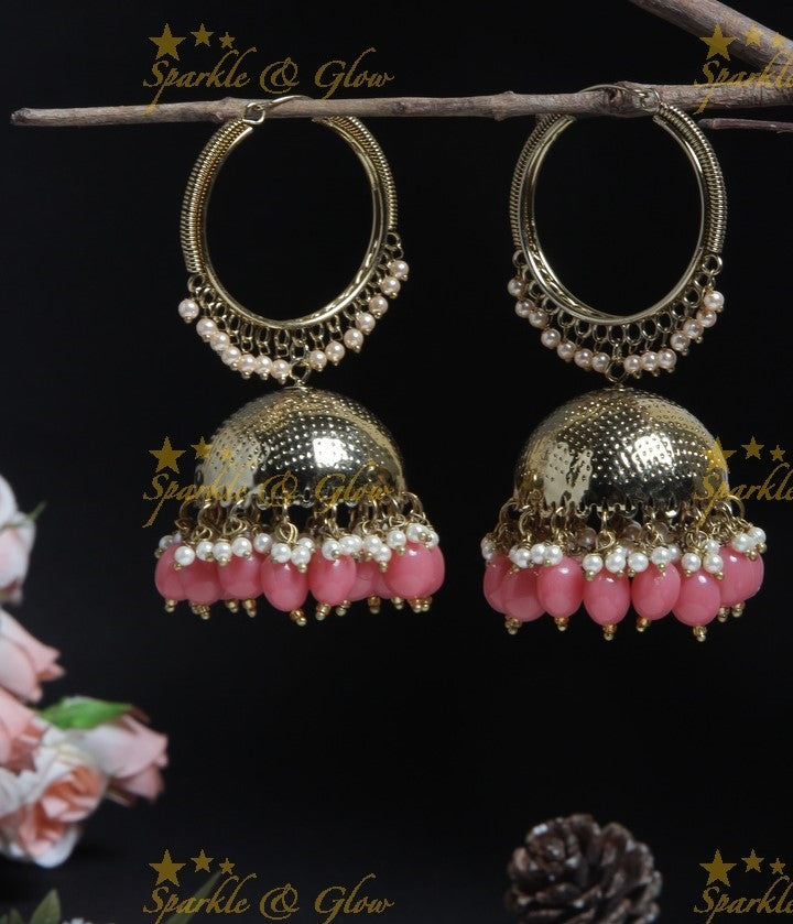 Beautiful Gold alike desi look hoop jhumukas with Pine Green beads