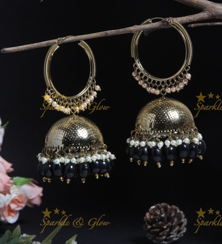 Beautiful Gold alike desi look hoop jhumukas with Pine Green beads