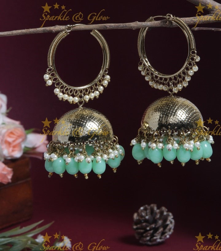 Beautiful Gold alike desi look hoop jhumukas with Pine Green beads