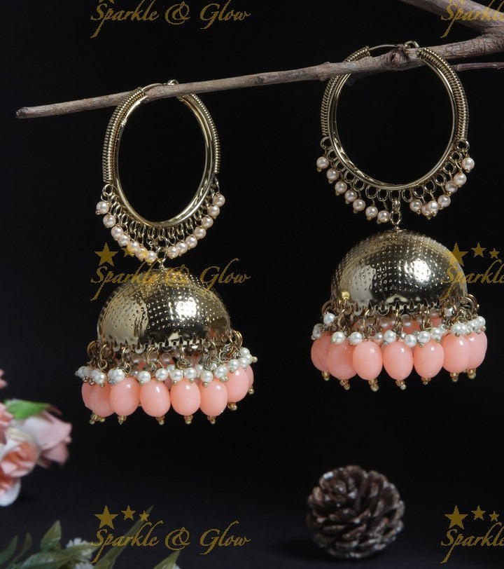 Beautiful Gold alike desi look hoop jhumukas with Pine Green beads