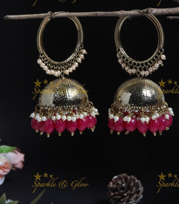 Beautiful Gold alike desi look hoop jhumukas with Pine Green beads