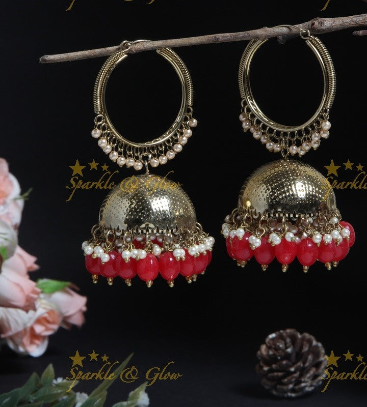 Beautiful Gold alike desi look hoop jhumukas with Pine Green beads
