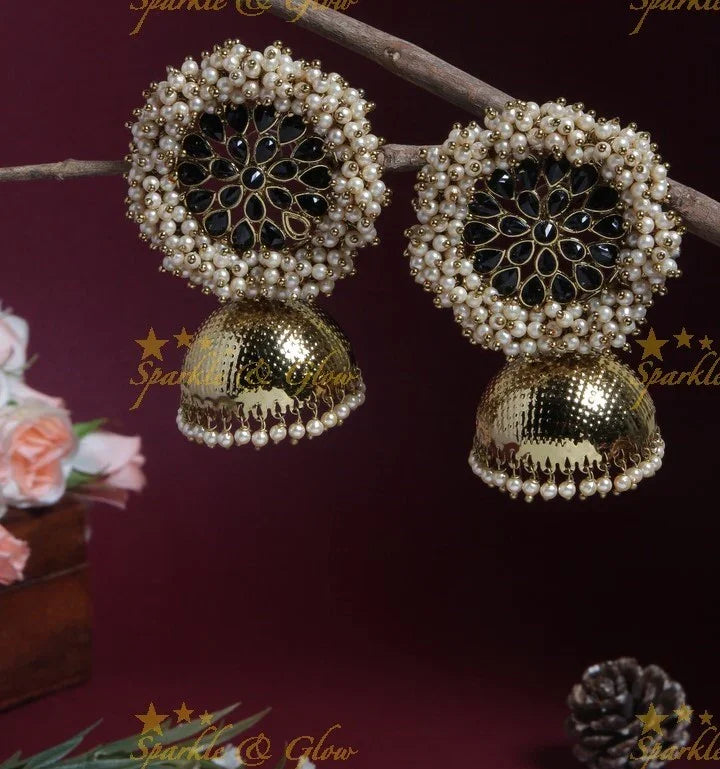 Jhumuka Studded Gold-Like Pearl Cluster Necklace - Black