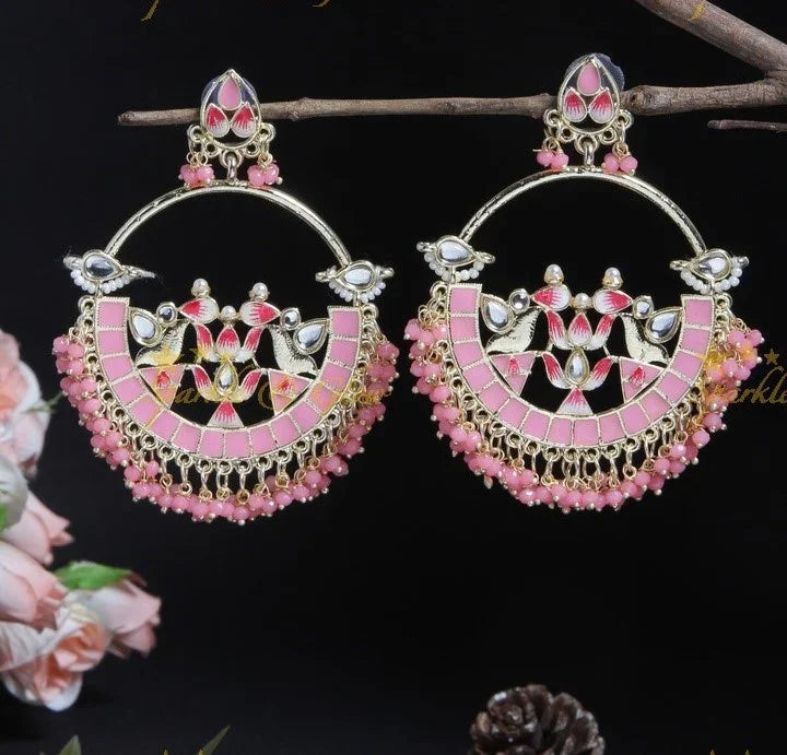 Yellow Meenakari Lotus Chandbali Earrings