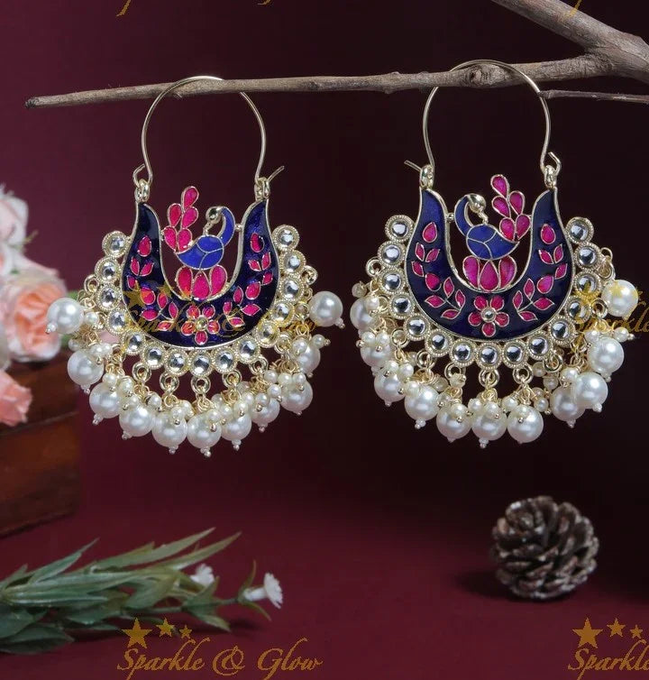 Green Meenakari Peacock Chandbali Earrings