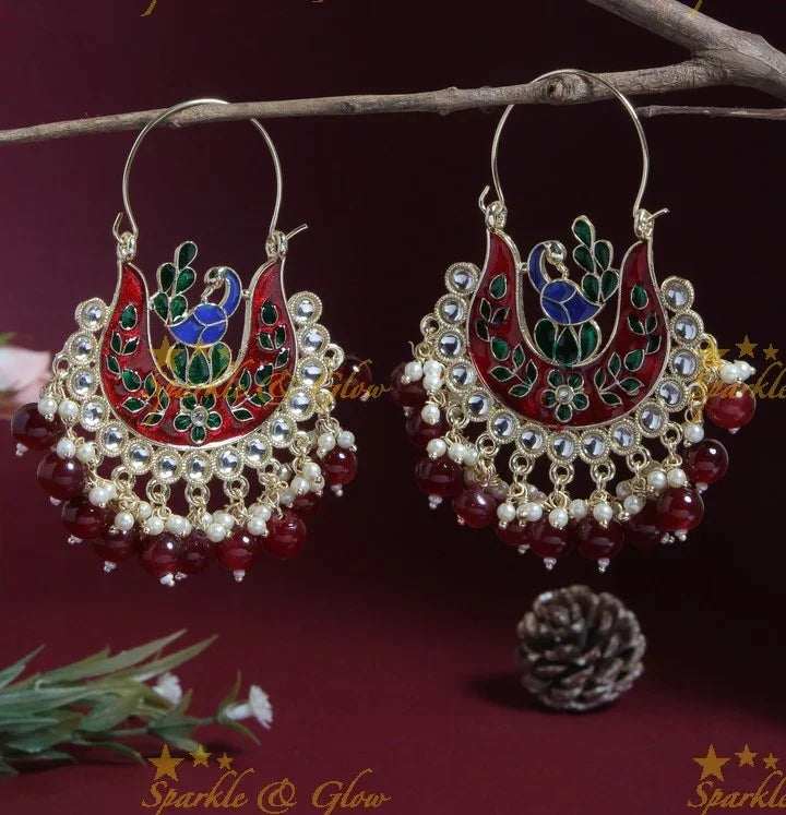 Green Meenakari Peacock Chandbali Earrings