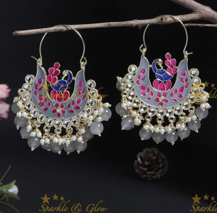 Green Meenakari Peacock Chandbali Earrings