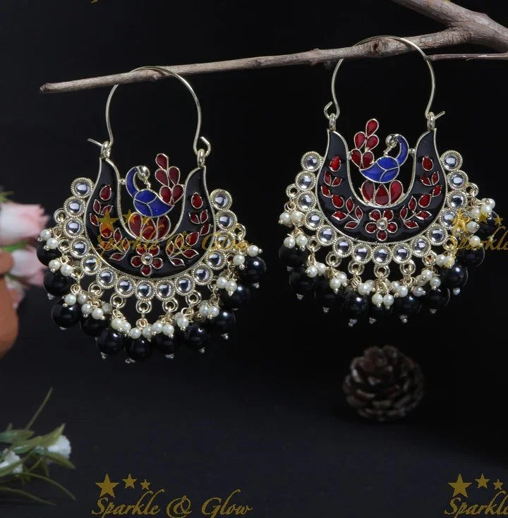 Green Meenakari Peacock Chandbali Earrings