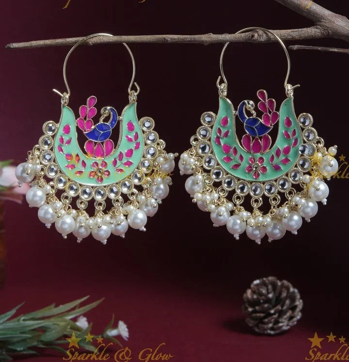 Green Meenakari Peacock Chandbali Earrings