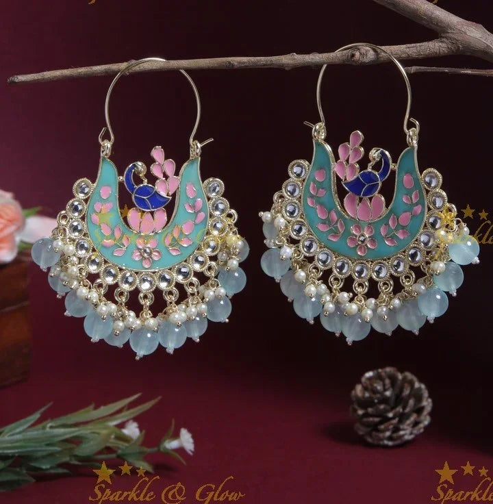 Green Meenakari Peacock Chandbali Earrings