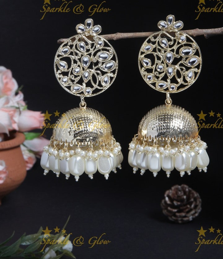 Traditional light weight design pearl jhumuka- White