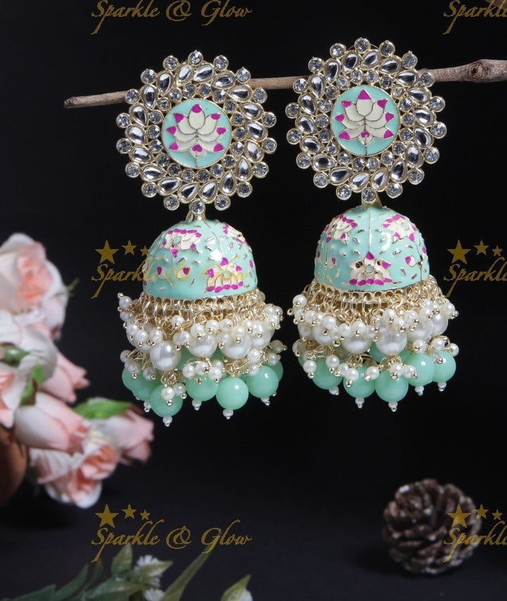 Grand lotus studded Meenakari gutta pusalu jhumukas- Mint Green